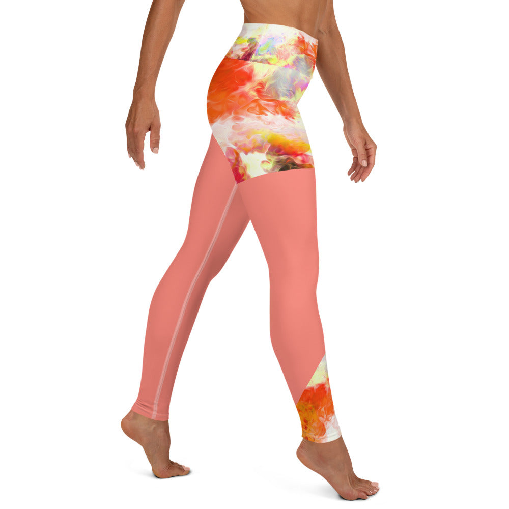 Active Wear Leggings- Tie and Dye Art on Coral and White. Streetwear Leggings. Yoga Pants. WickedYo.